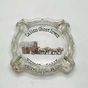 Rare VNTG Calico Ghost Town Mine Yermo California Clear Ashtray Cowboy Graphic